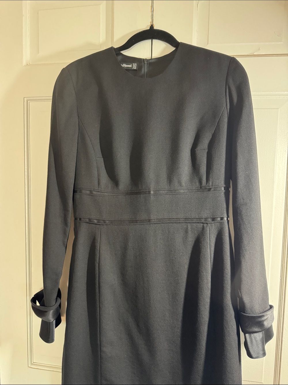 NWOT Louis Feraud Black Wool A-Line Dress with Satin Details Hem Waist and Cuffs